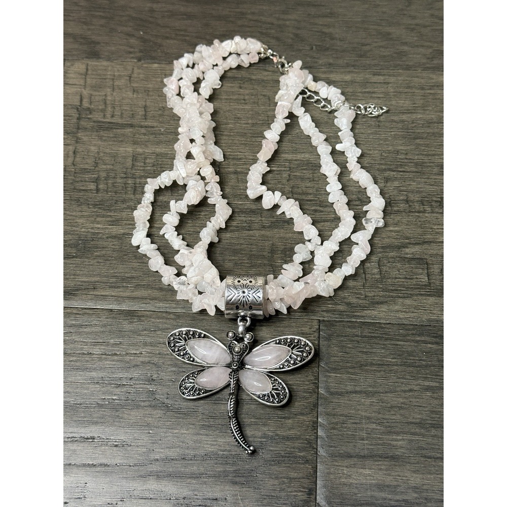 Dragonfly Soft Rose Quartz Statement Necklace Southwestern Style Costume